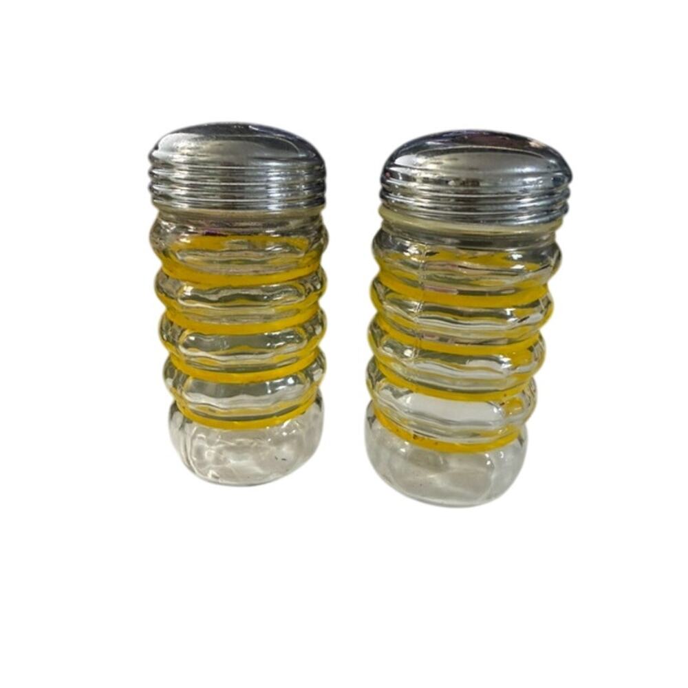 Anchor Hocking Fire-King Salt Pepper Shakers Ribbed Yellow Stripes Chrome Lids